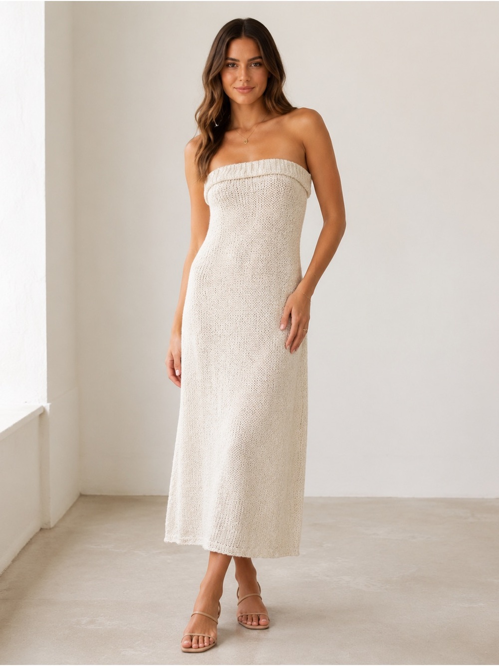 H&M Costal Boho Cream Strapless Open-knit Midi Dress - Size S